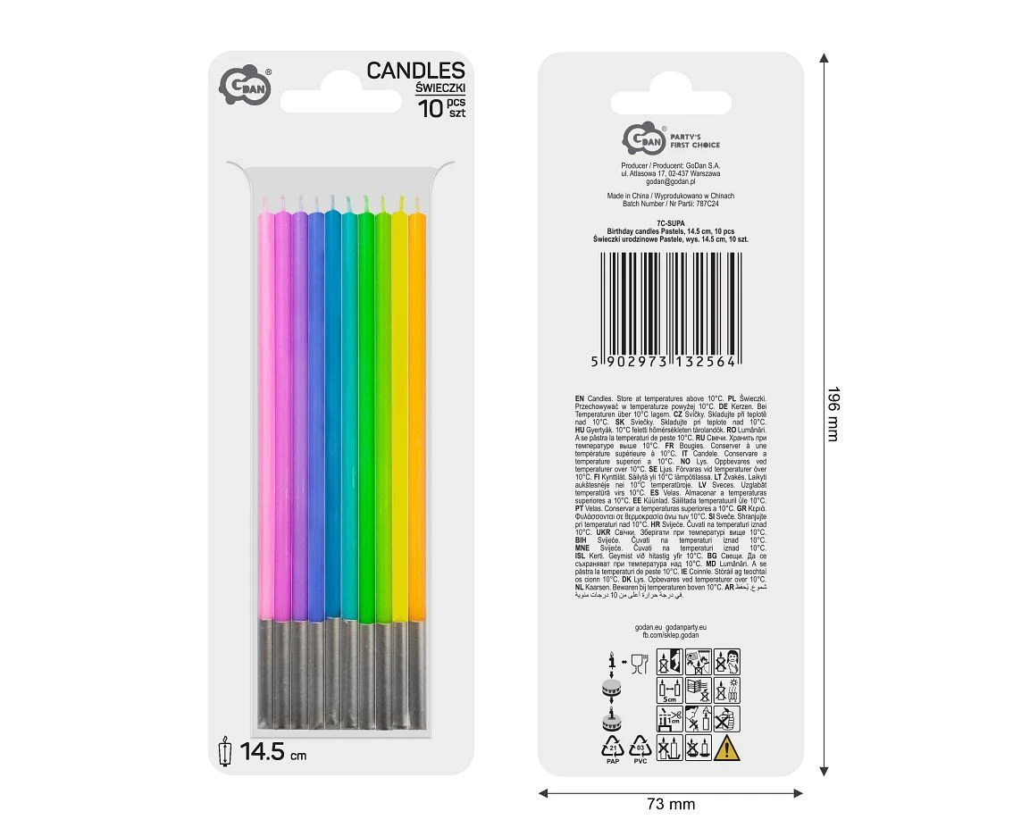 Birthday candles Pastels, size 14.5 cm, 10 pcs.