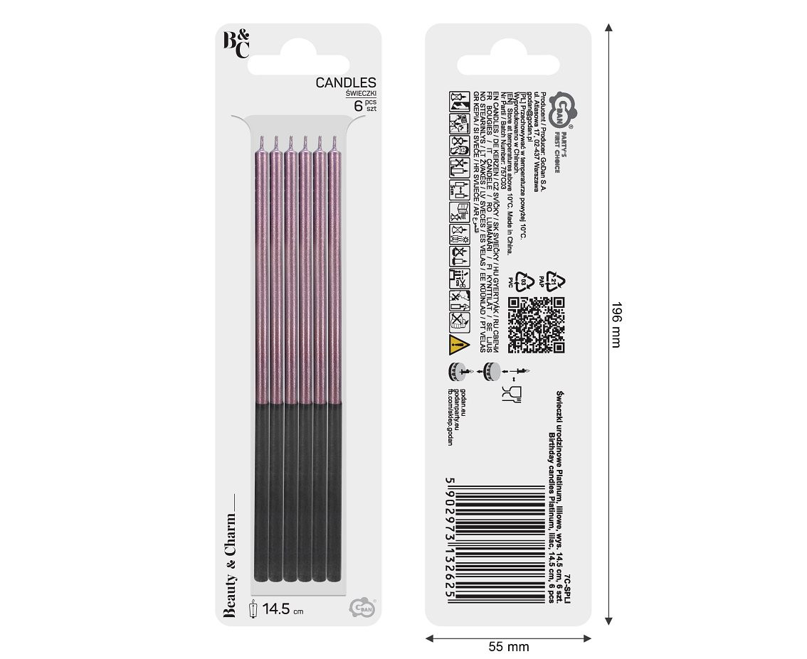 Birthday candles Platinum, lilac, size 14.5 cm, 6 pcs.