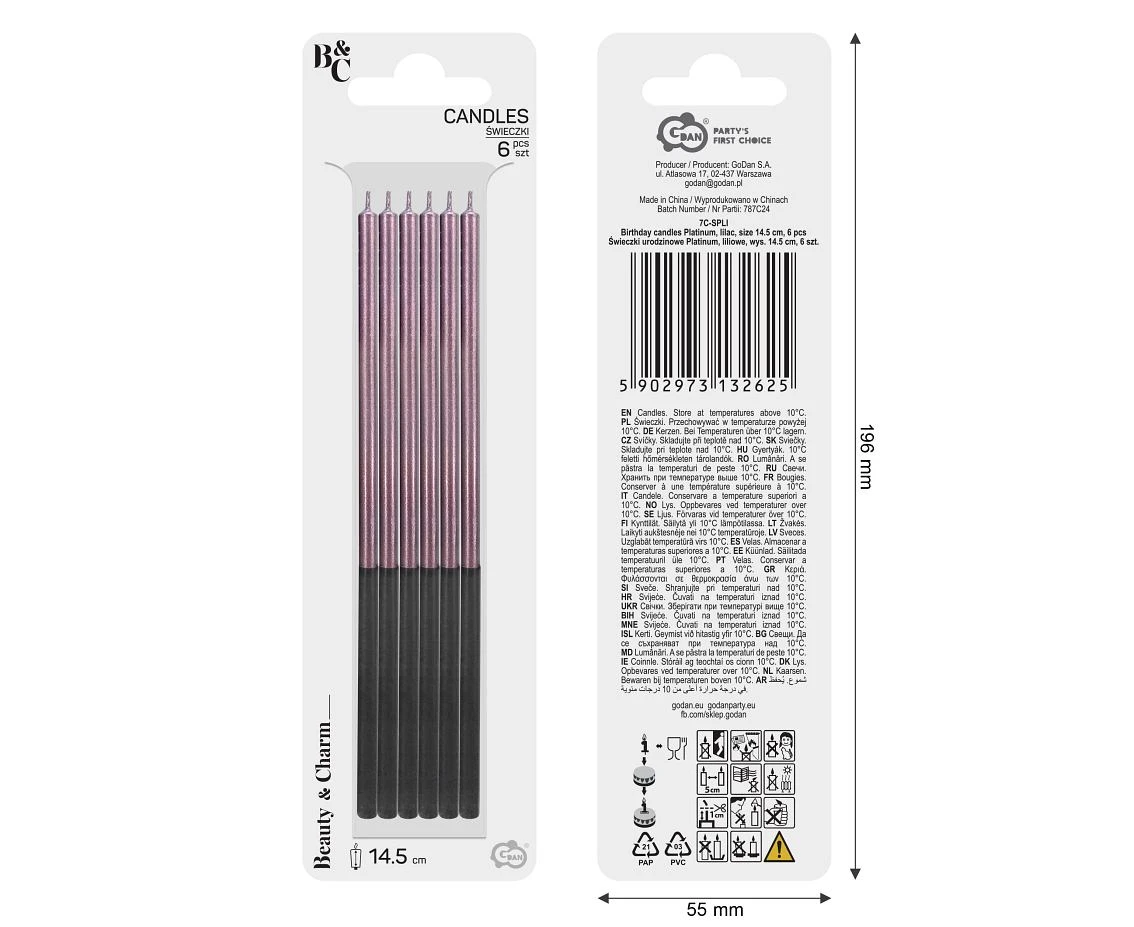 Birthday candles Platinum, lilac, size 14.5 cm, 6 pcs.