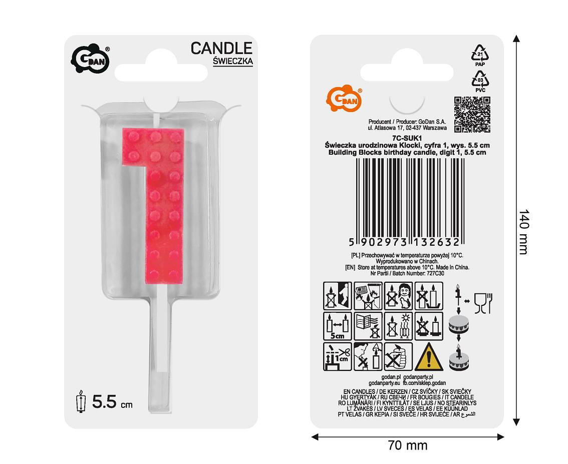 Building Blocks birthday candle, digit 1, size 5.5 cm