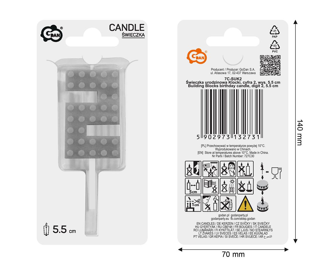 Building Blocks birthday candle, digit 2, size 5.5 cm