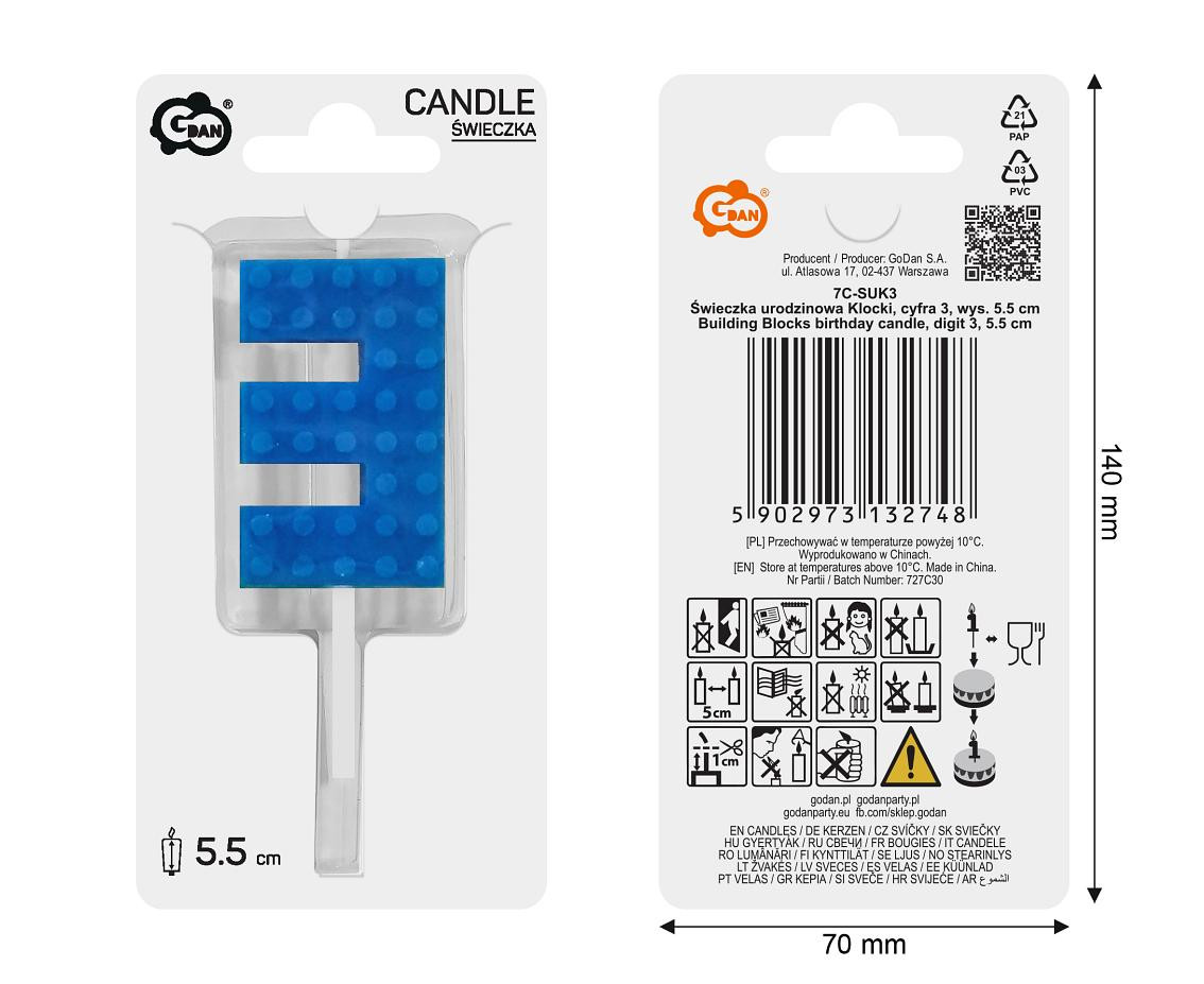 Building Blocks birthday candle, digit 3, size 5.5 cm