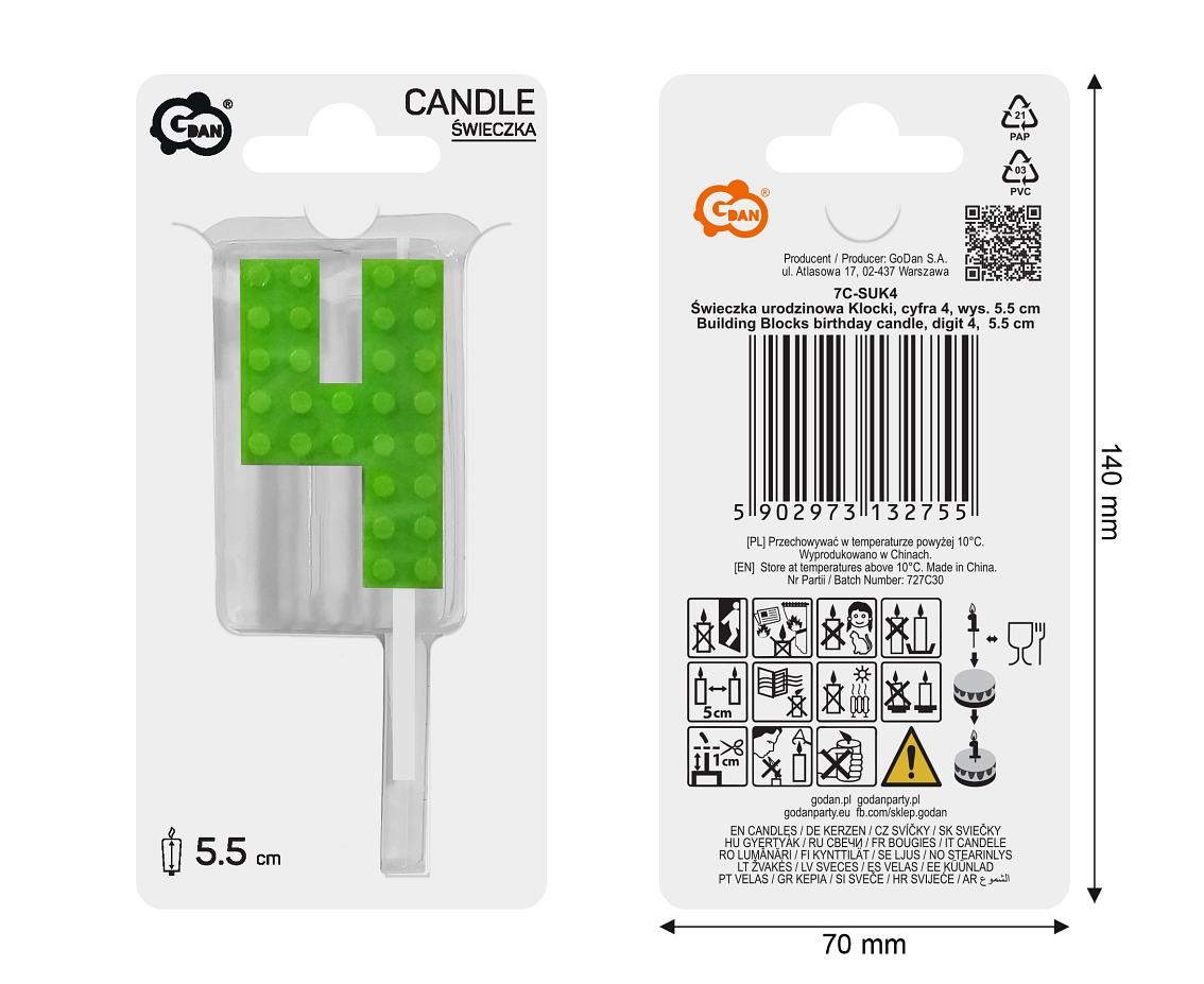 Building Blocks birthday candle, digit 4, size 5.5 cm