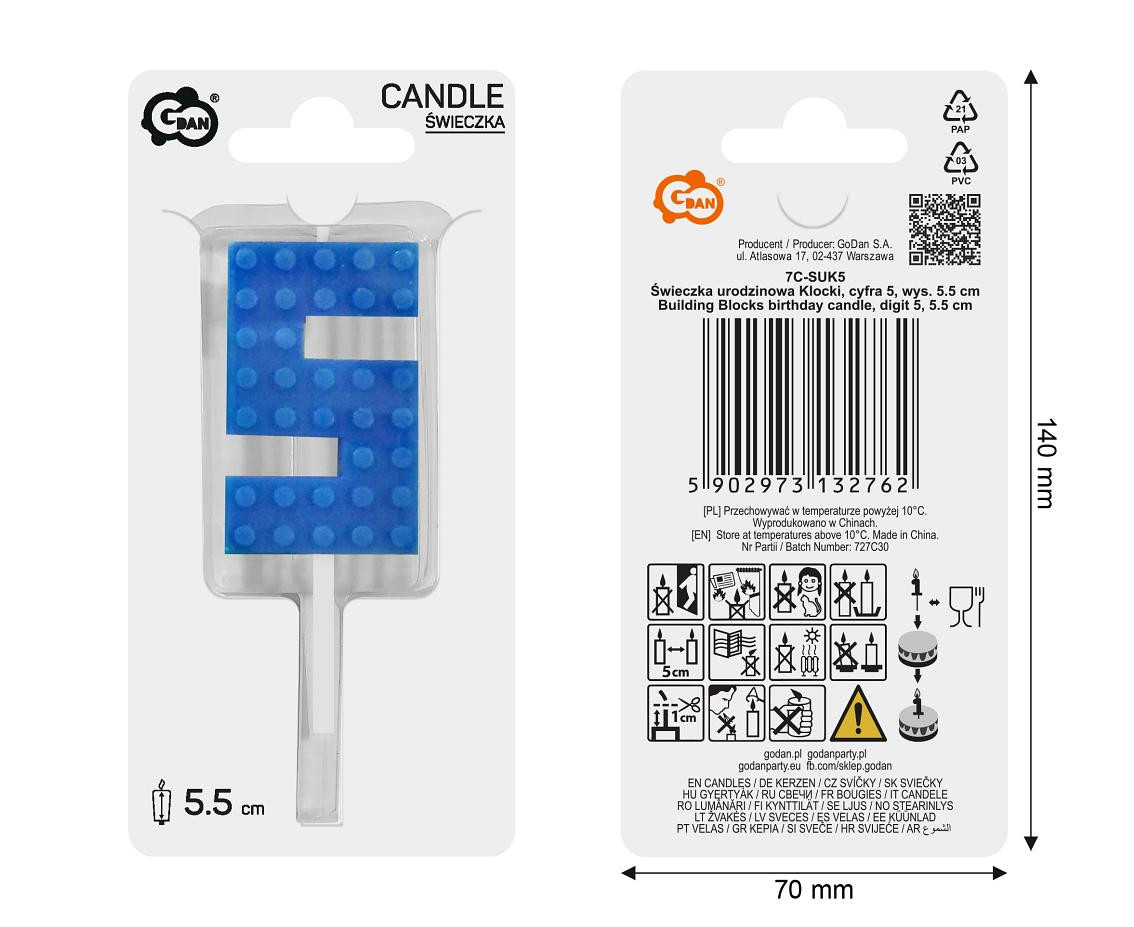 Building Blocks birthday candle, digit 5, size 5.5 cm