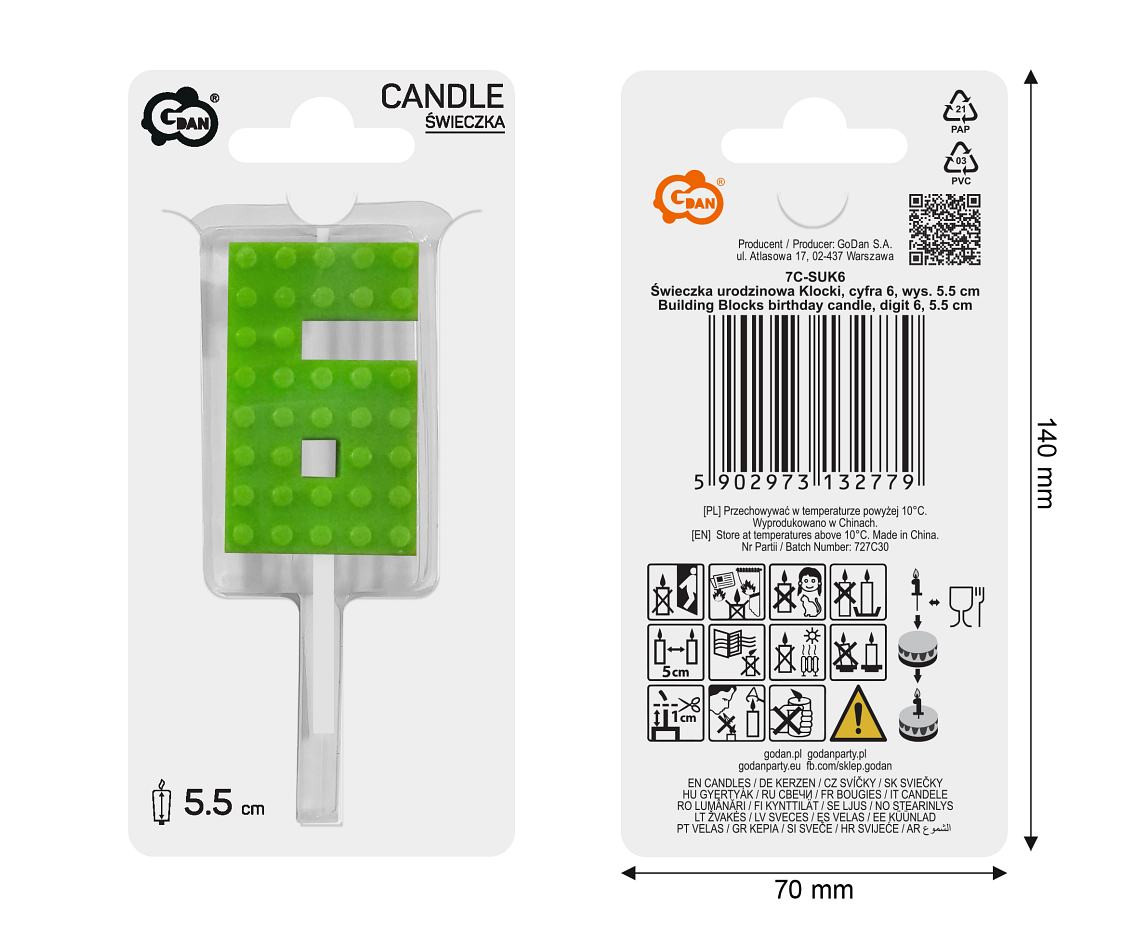 Building Blocks birthday candle, digit 6, size 5.5 cm