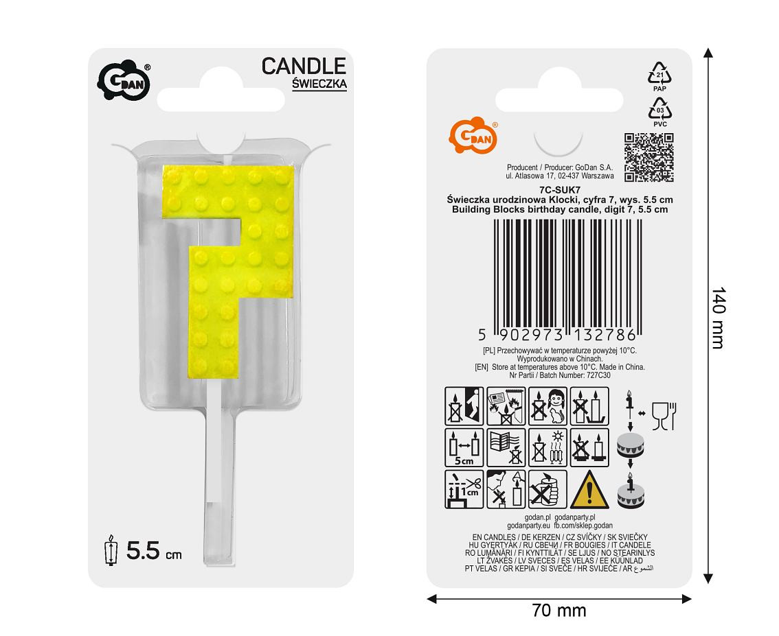 Building Blocks birthday candle, digit 7, size 5.5 cm