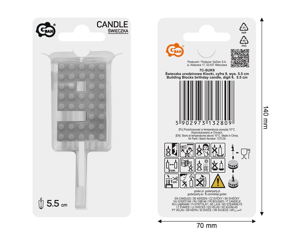 Building Blocks birthday candles, digit 9, size 5.5 cm