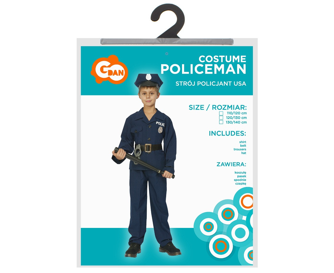 US Policeman role-play set for kids (shirt, belt, pants, hat), size 130/140 cm