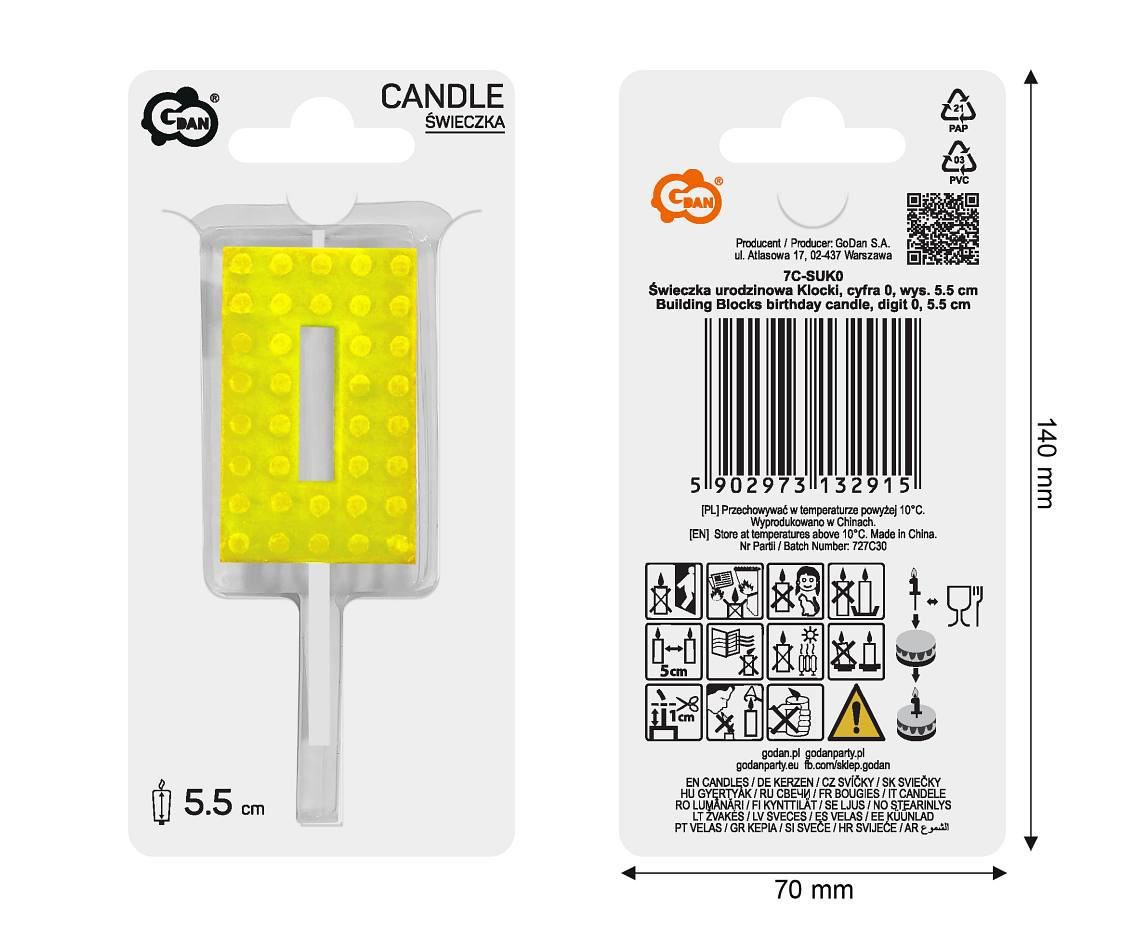 Building Blocks birthday candle, digit 0, size 5.5 cm