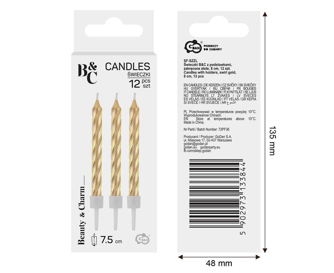 Candles with holders, swirl gold, 8 cm, 12 pcs