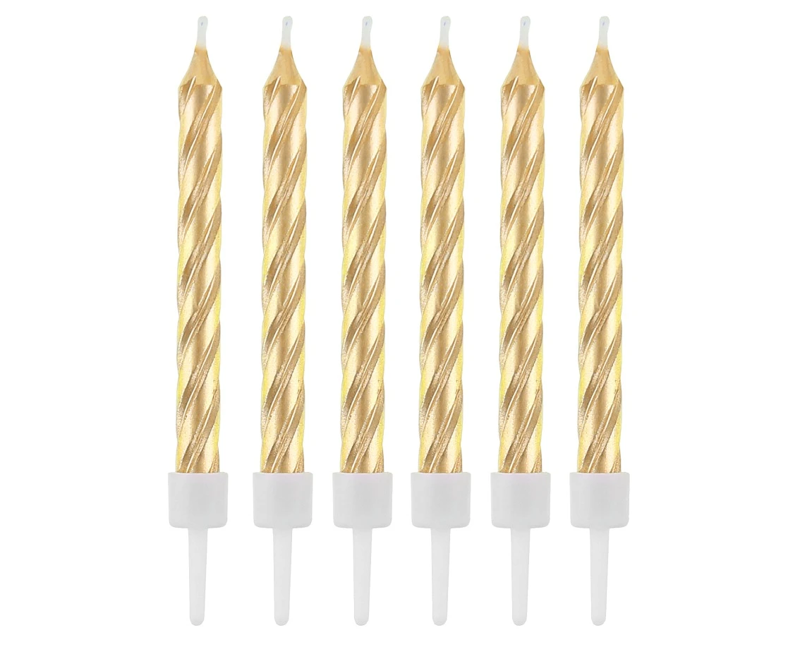 Candles with holders, swirl gold, 8 cm, 12 pcs