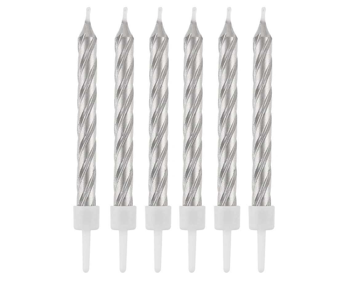 Candles with holders, swirl silver, 8 cm, 12 pcs