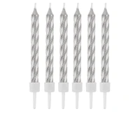 Candles with holders, swirl silver, 8 cm, 12 pcs