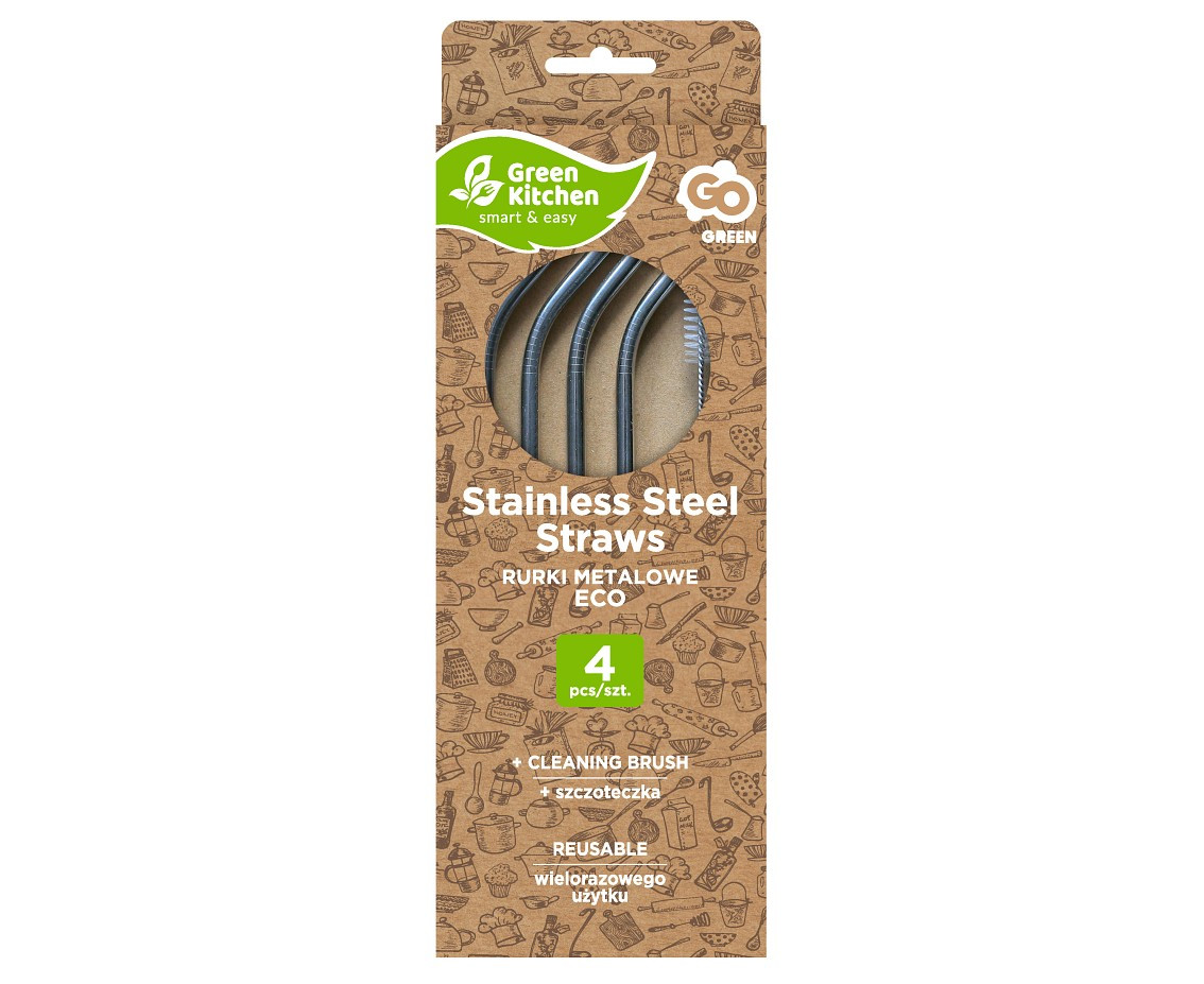 Stainless steel straws, silver (4 x bent + cleaning brush) EOL