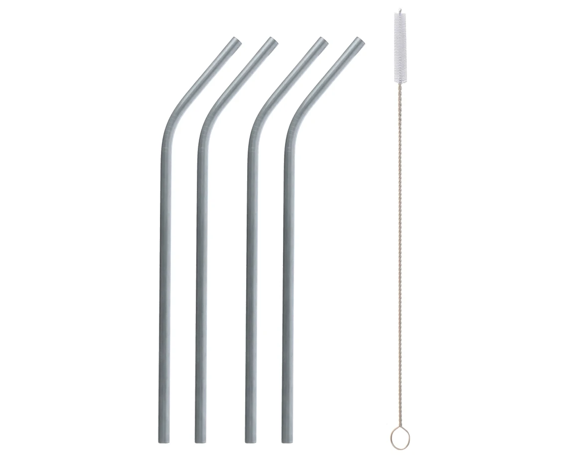 Stainless steel straws, silver (4 x bent + cleaning brush) EOL