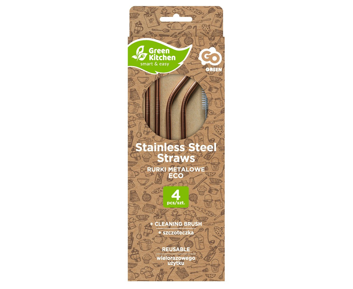 Stainless steel straws, rose-gold, 2 x bent, 2 x straight + cleaning brush EOL