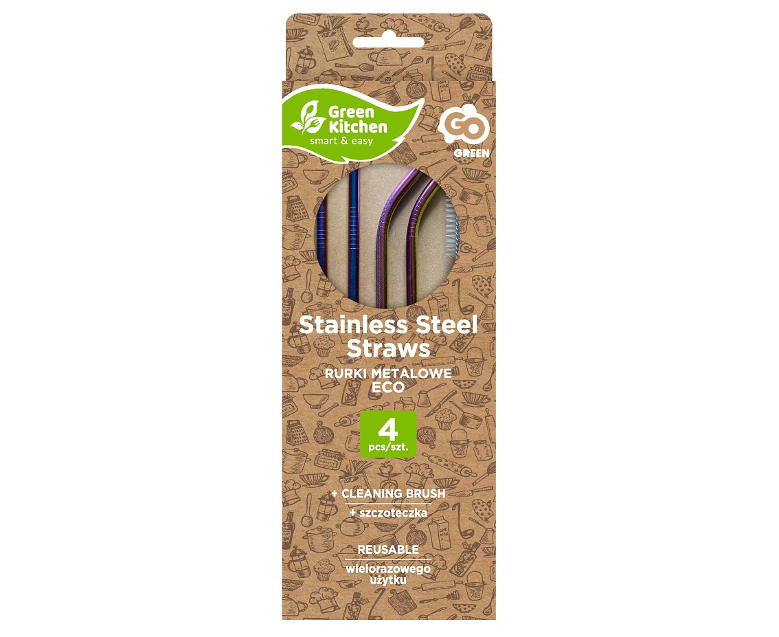 Stainless steel straws, rainbow (2 x bent, 2 x straight + cleaning brush) EOL
