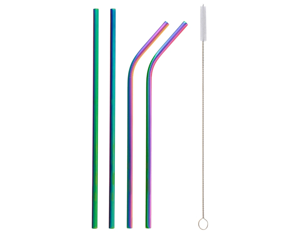 Stainless steel straws, rainbow (2 x bent, 2 x straight + cleaning brush) EOL