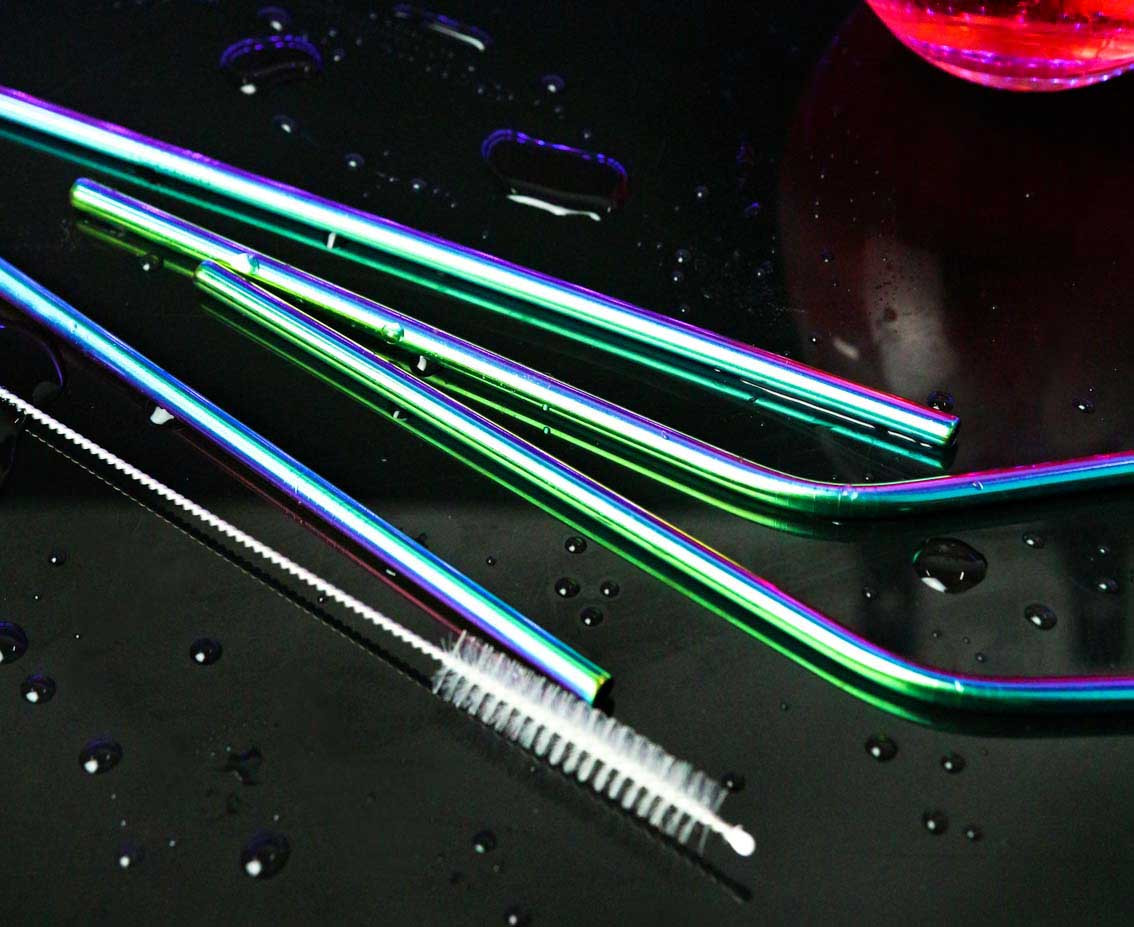 Stainless steel straws, rainbow (2 x bent, 2 x straight + cleaning brush) EOL