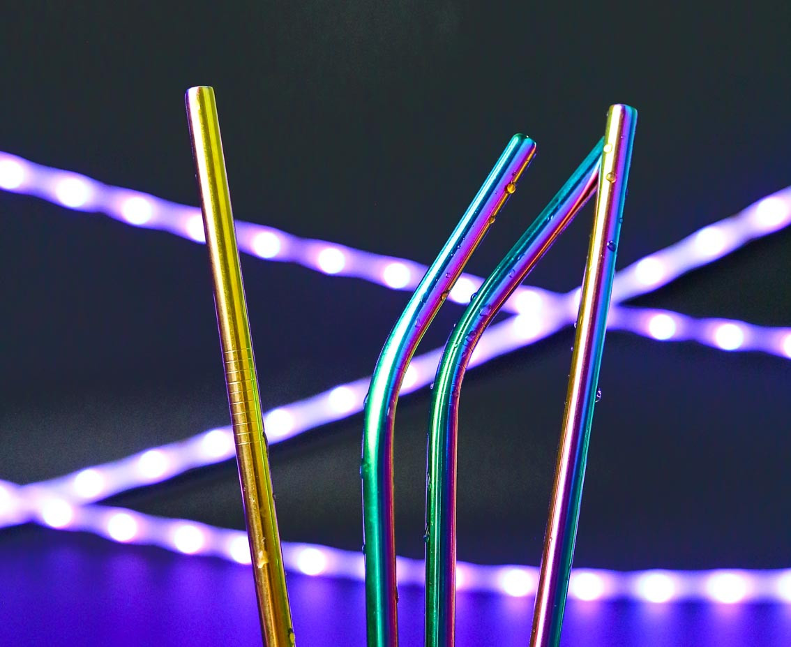 Stainless steel straws, rainbow (2 x bent, 2 x straight + cleaning brush) EOL