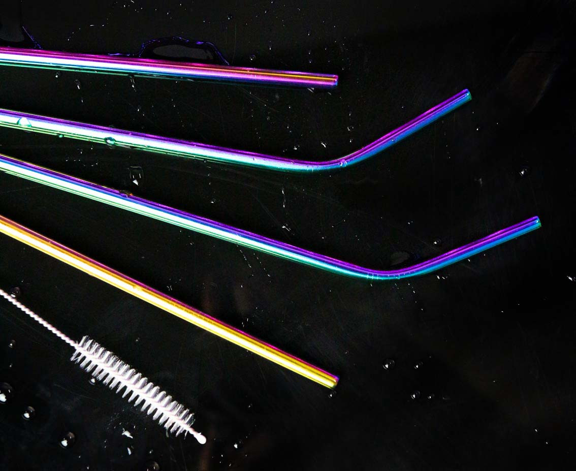 Stainless steel straws, rainbow (2 x bent, 2 x straight + cleaning brush) EOL