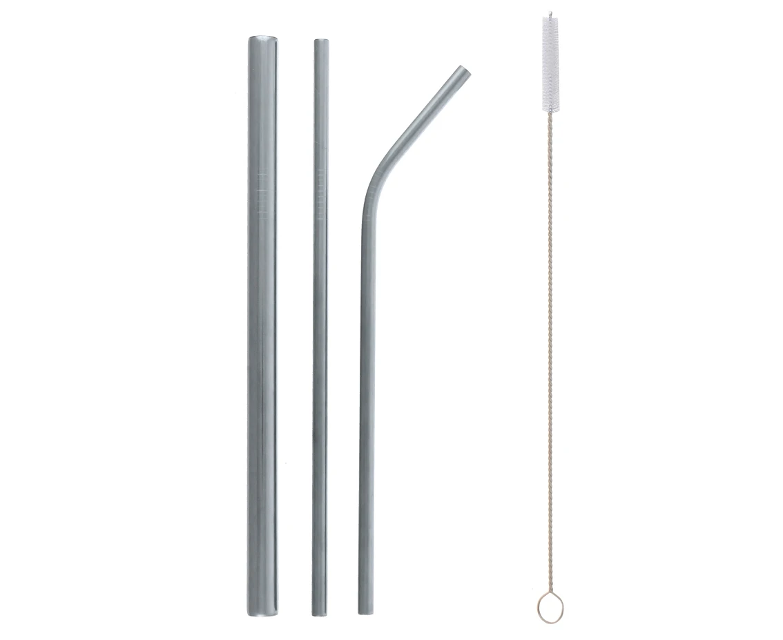 Stainless steel straws, silver (1 x shake, 1 x bent + 1 x straight + cleaning brush)