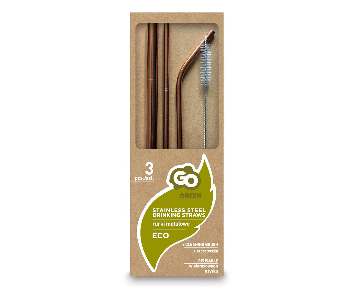 Stainless steel straws, rose-gold (1 x shake, 1 x bent, 1 x straight + cleaning brush)