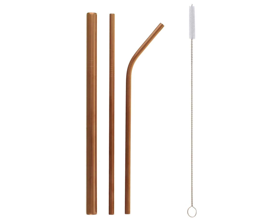 Stainless steel straws, rose-gold (1 x shake, 1 x bent, 1 x straight + cleaning brush)