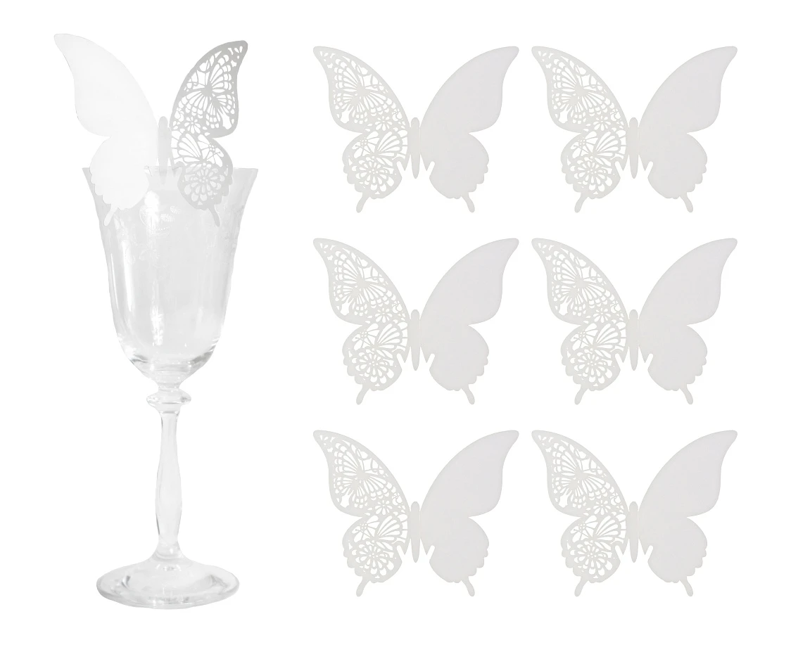 Butterfly glass place cards, white, 6 pcs