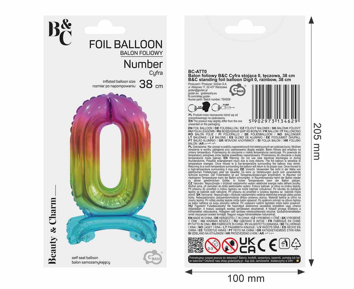 B&C foil balloon Standing digit 0, rainbow, 38 cm