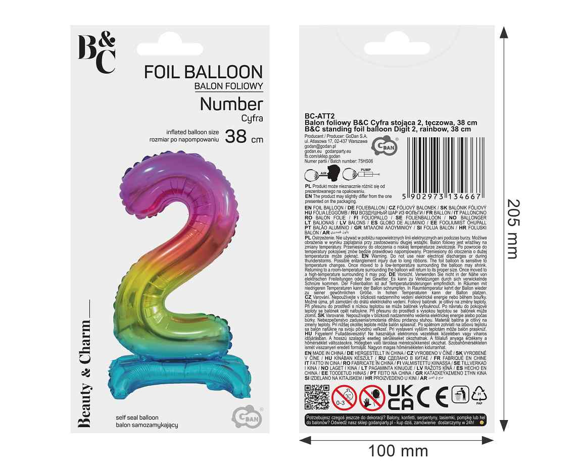 B&C foil balloon Standing digit 2, rainbow, 38 cm