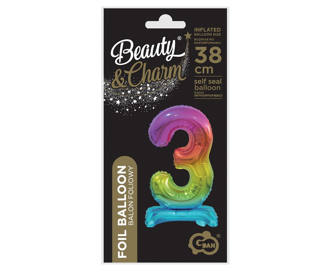 B&C foil balloon Standing digit 3, rainbow, 38 cm