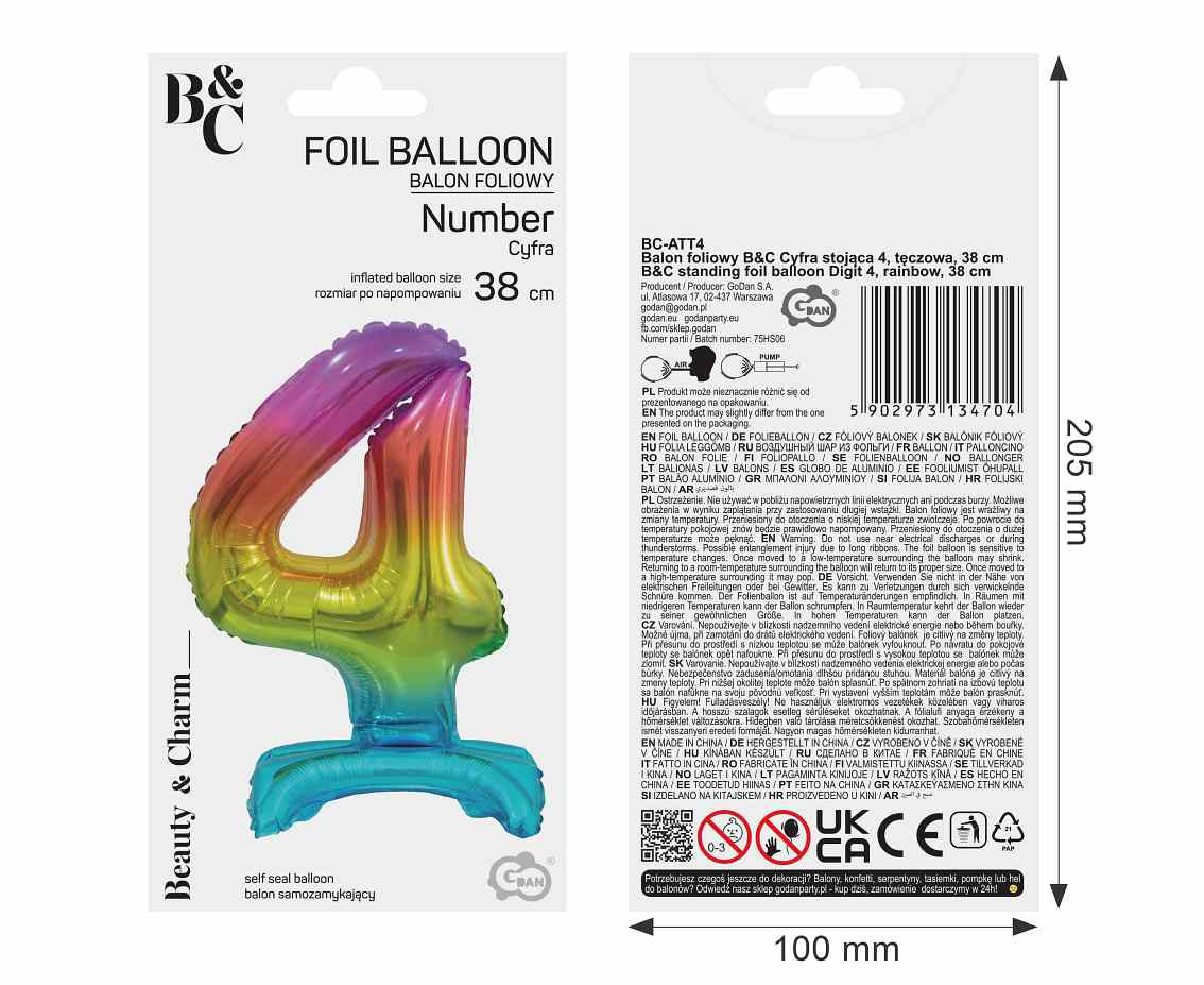 B&C foil balloon Standing digit 4, rainbow, 38 cm