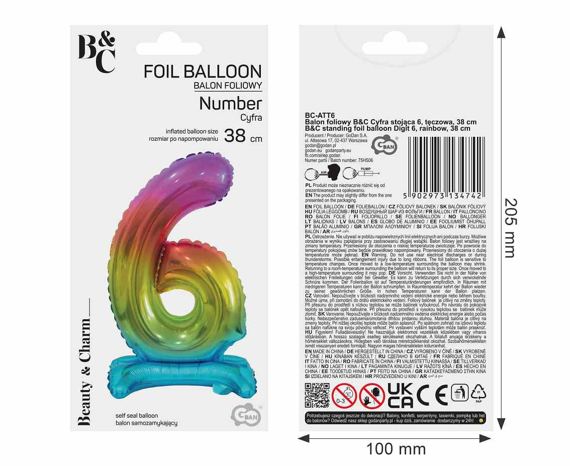 B&C foil balloon Standing digit 6, rainbow, 38 cm