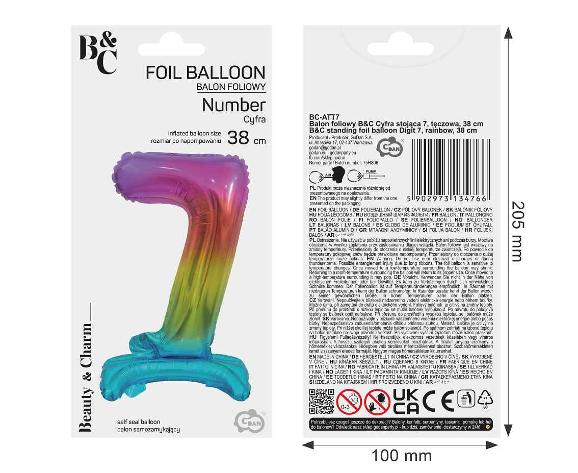 B&C foil balloon Standing digit 7, rainbow, 38 cm