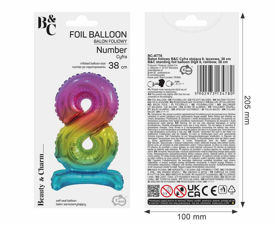 B&C foil balloon Standing digit 8, rainbow, 38 cm