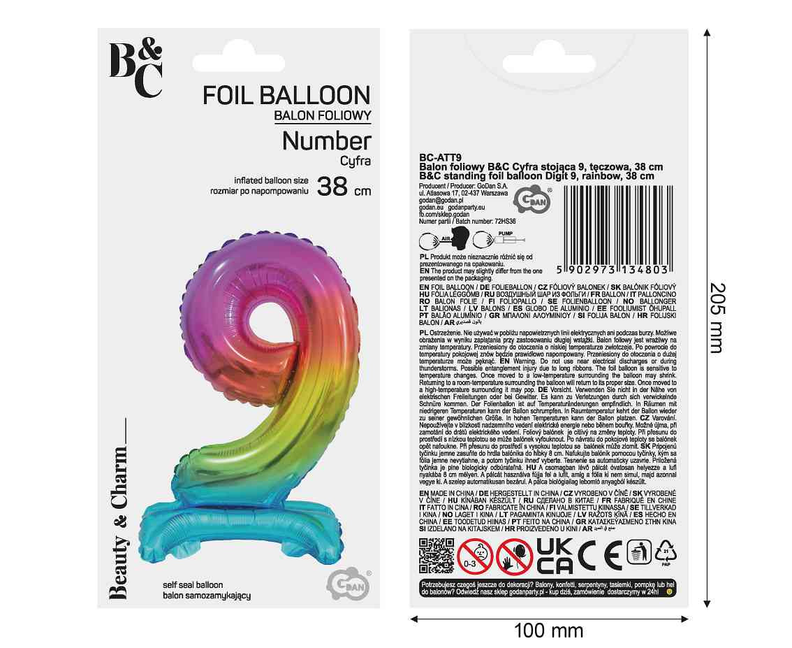 B&C foil balloon Standing digit 9, rainbow, 38 cm