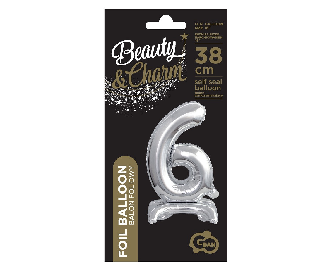 B&C foil balloon Standing digit 6, silver, 38 cm EOL