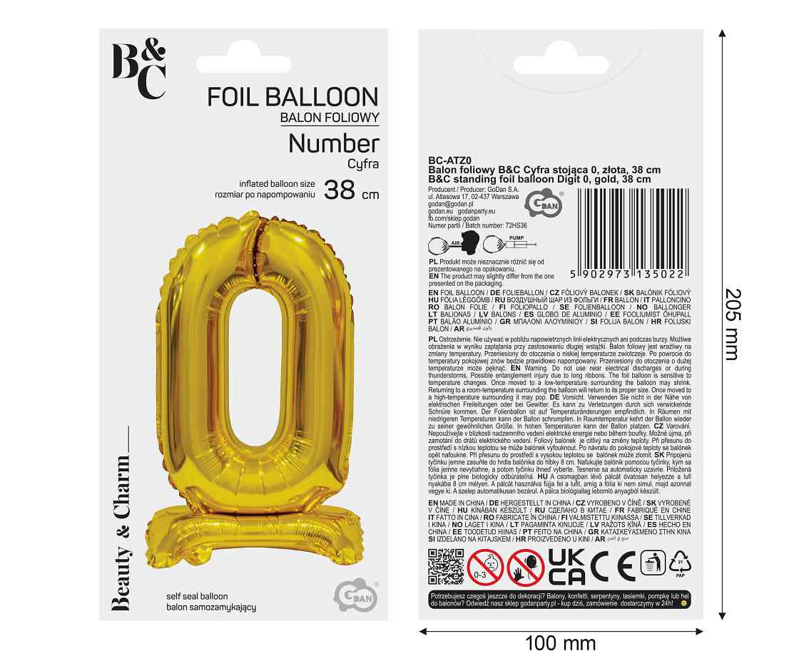 B&C foil balloon Standing digit 0, gold, 38 cm