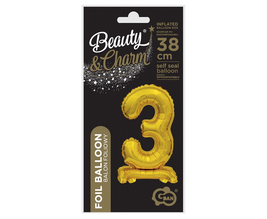 B&C foil balloon Standing digit 3, gold, 38 cm