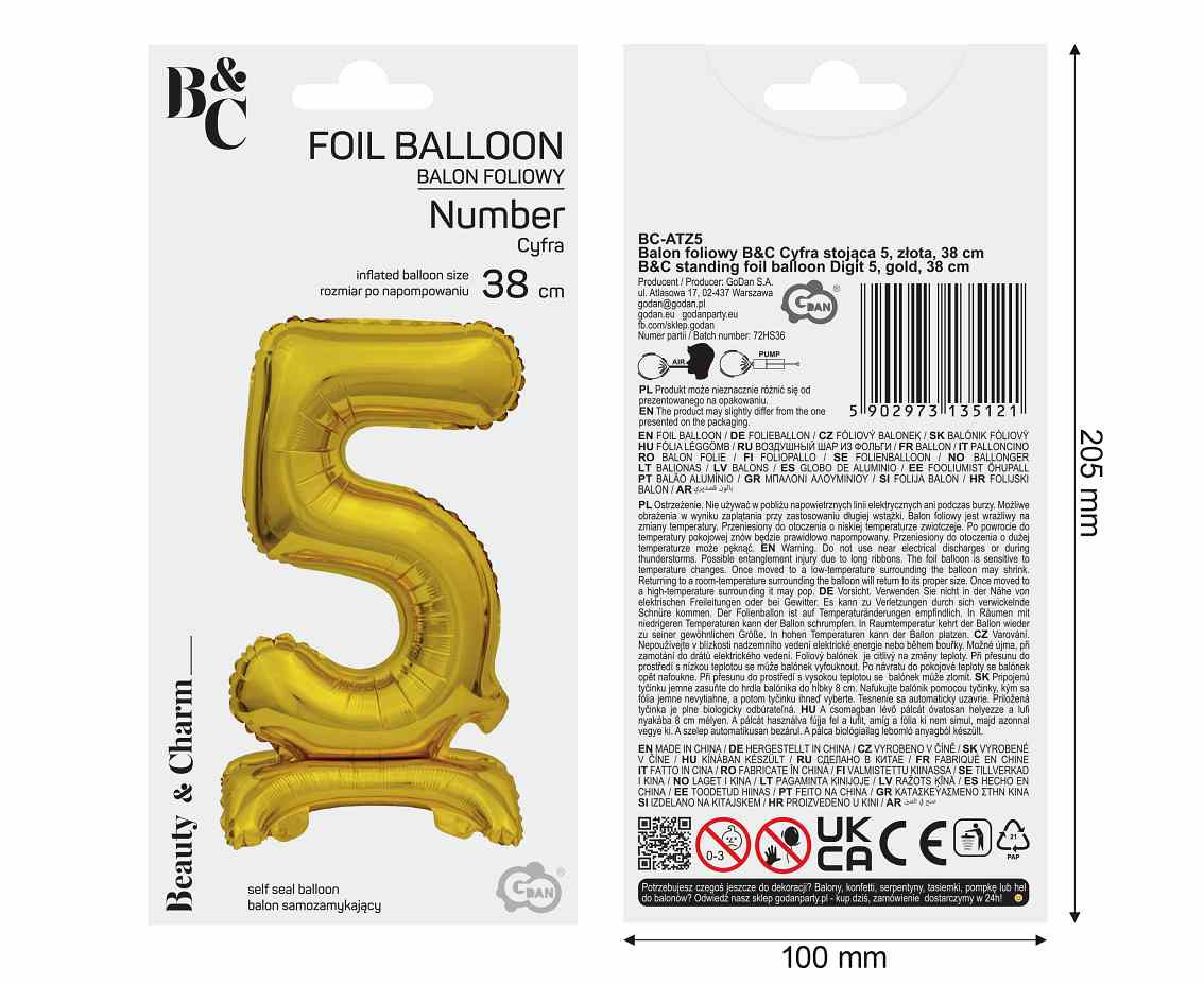 B&C foil balloon Standing digit 5, gold, 38 cm