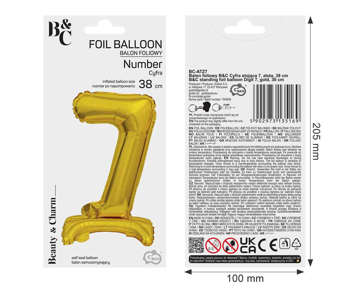 B&C foil balloon Standing digit 7, gold, 38 cm