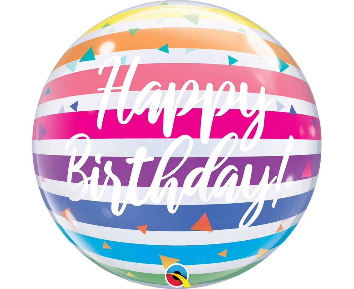 Foil balloon 22" QL Bubble single Happy Birthday, rainbow stripes EOL