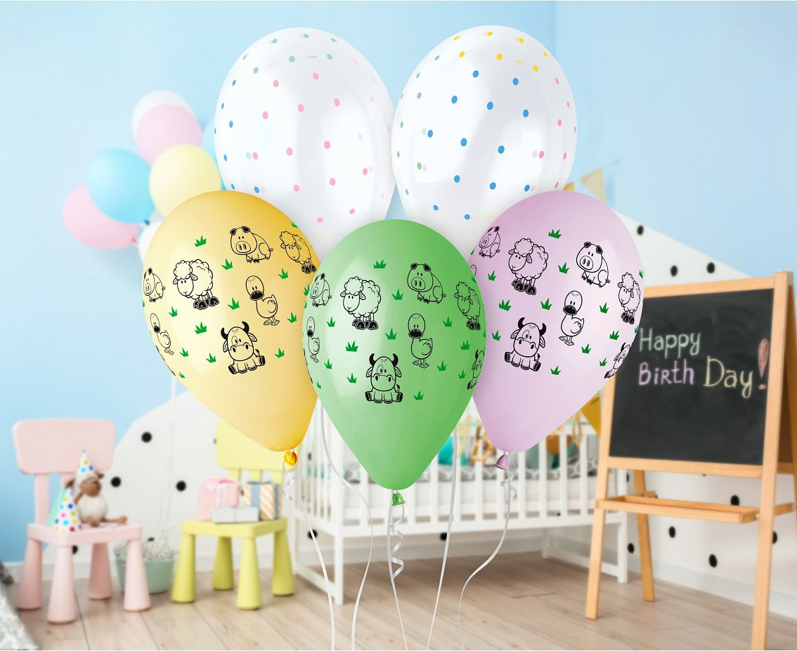 Balloons Gemar 13", pastel premium helium farm animals, 5pcs EOL