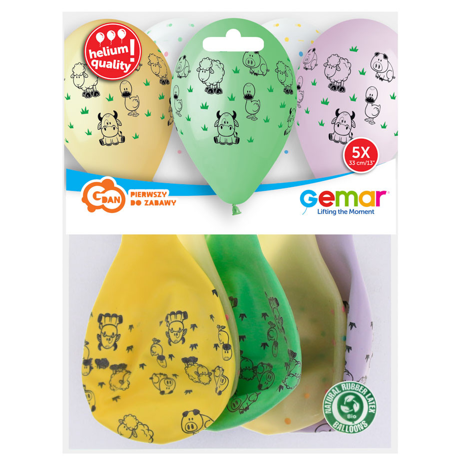 Balloons Gemar 13", pastel premium helium farm animals, 5pcs EOL
