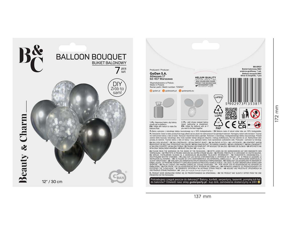 Balloon bouquet B&C Silver & Graphite, 7 pcs