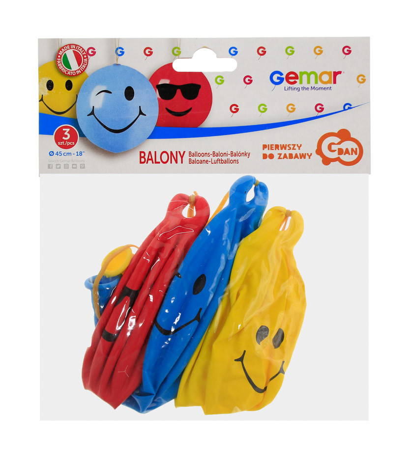 Balloons Gemar 5", pastel premium punch balloons smilies with rubber, 3pcs