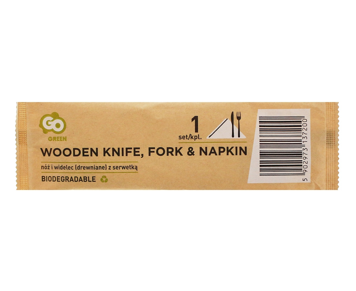 Eco-friendly collection - wooden knife & fork with napkin, 1 set EOL