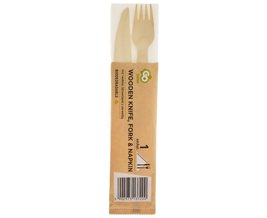 Eco-friendly collection - wooden knife & fork with napkin, 1 set EOL