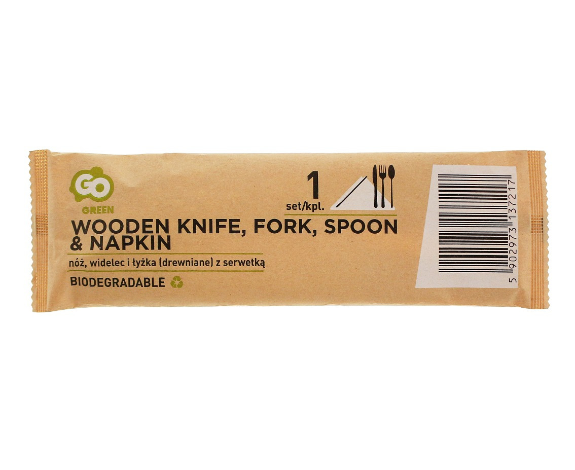 Eco-friendly collection - wooden knife, fork & spoon with napkin, 1 set EOL